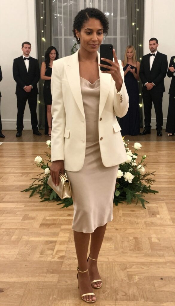 Black woman in champagne slip dress and cream blazer at evening wedding reception