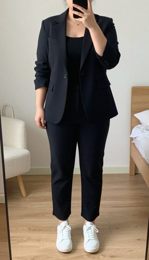 Woman in blazer and graphic tee with tailored trousers, white sneakers, and tote bag, taking a mirror selfie.