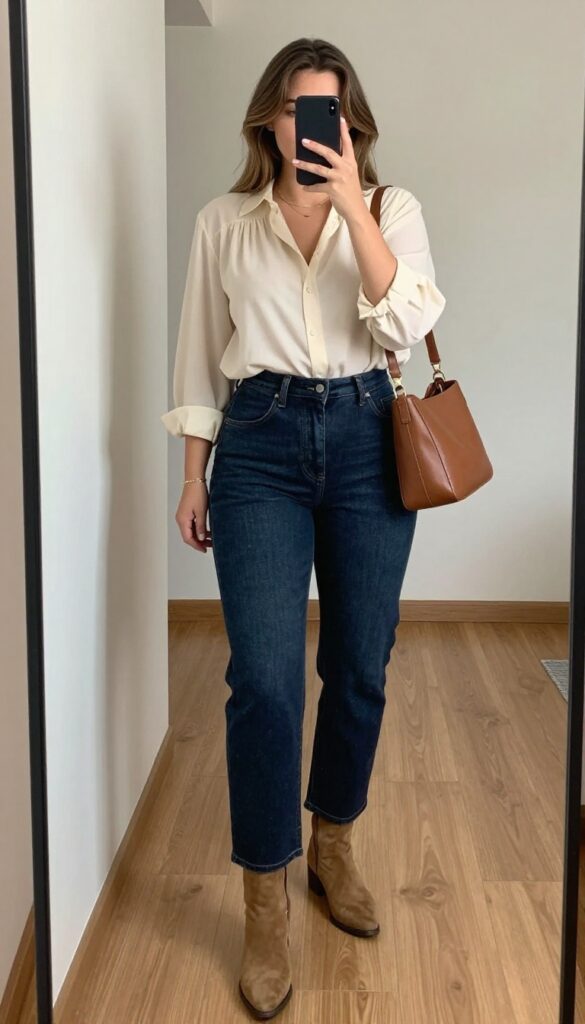 Plus-size woman in high-waisted jeans and tucked-in blouse taking a mirror selfie, casual yet polished outfit.