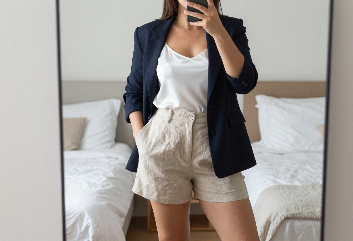 Woman in mirror selfie wearing beige linen shorts, white silk camisole, and navy blazer for business casual outfit idea.