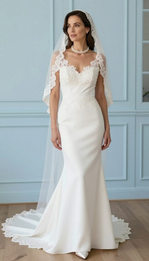 Bride in mermaid wedding dress with lace-trimmed veil standing in powder blue pastel venue