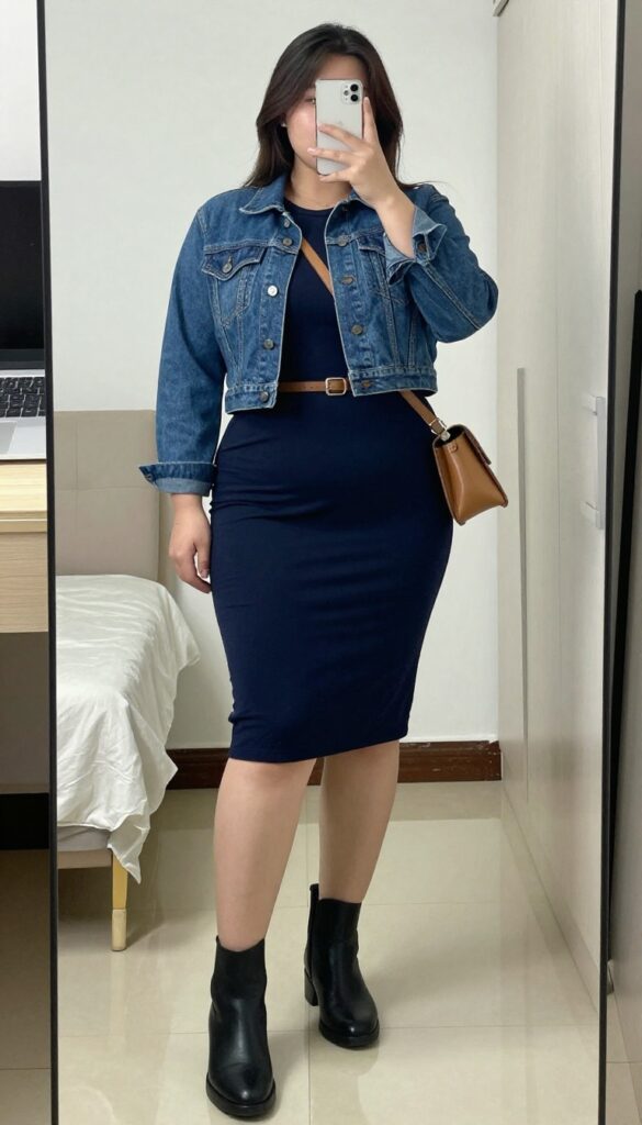 Woman in fitted navy T-shirt dress, cropped denim jacket, ankle boots, and tan belt bag.