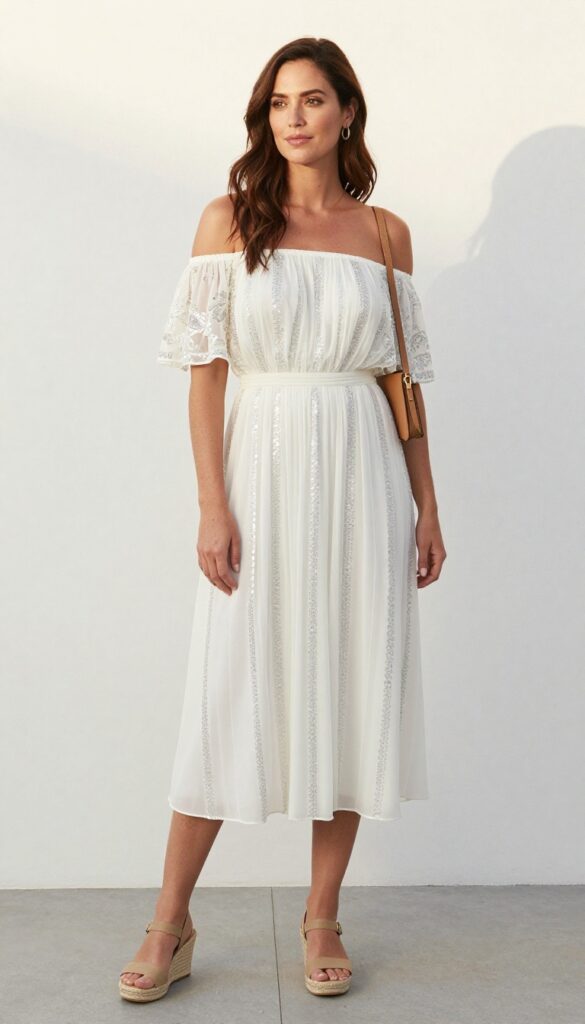 Woman in off-shoulder sparkly white dress and espadrille wedges on beach at sunset
