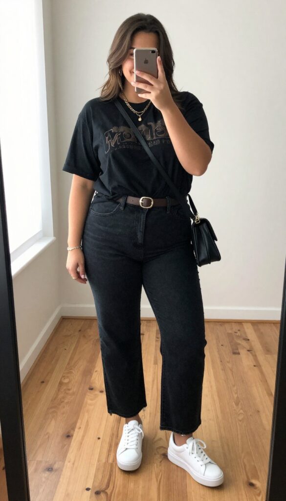 Plus-size woman in a graphic tee and midi jean skirt, taking a mirror selfie, wearing chunky sneakers and layered necklaces, casual outfit inspiration.
