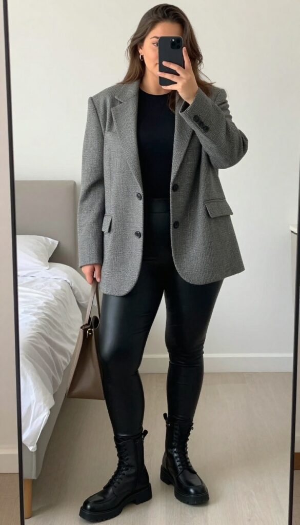 Woman in oversized grey blazer, black bodysuit, and faux leather pants with chunky loafers, holding a structured tote.