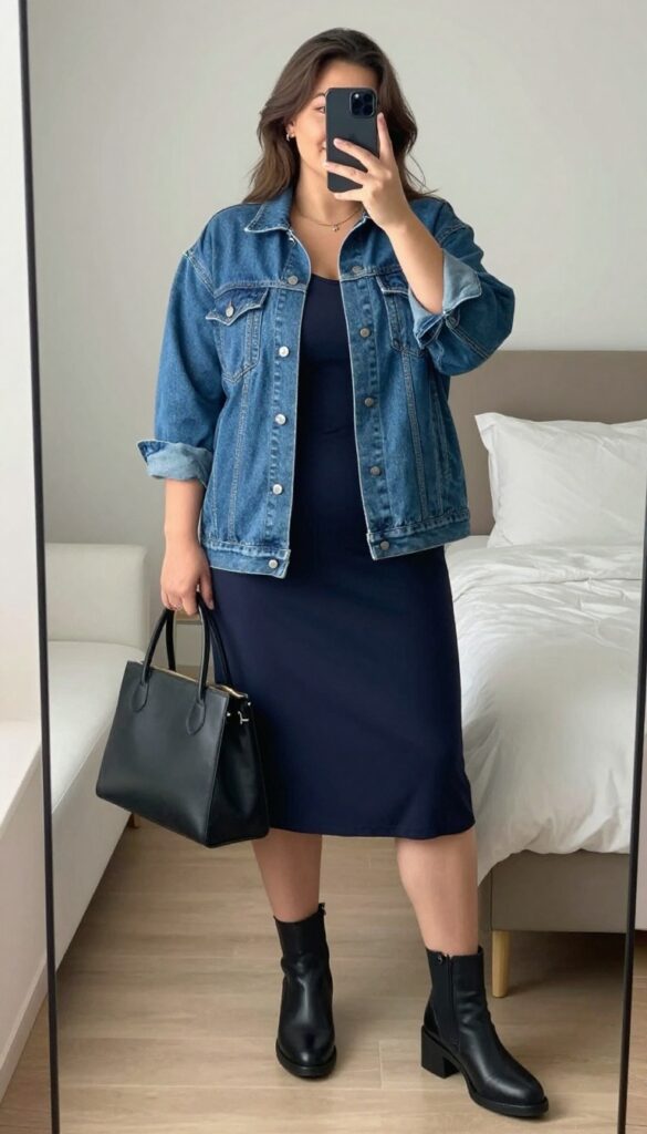 A woman in a medium-wash denim jacket over a dark slip dress, chunky ankle boots, and a leather tote, standing in a creative office or street setting.