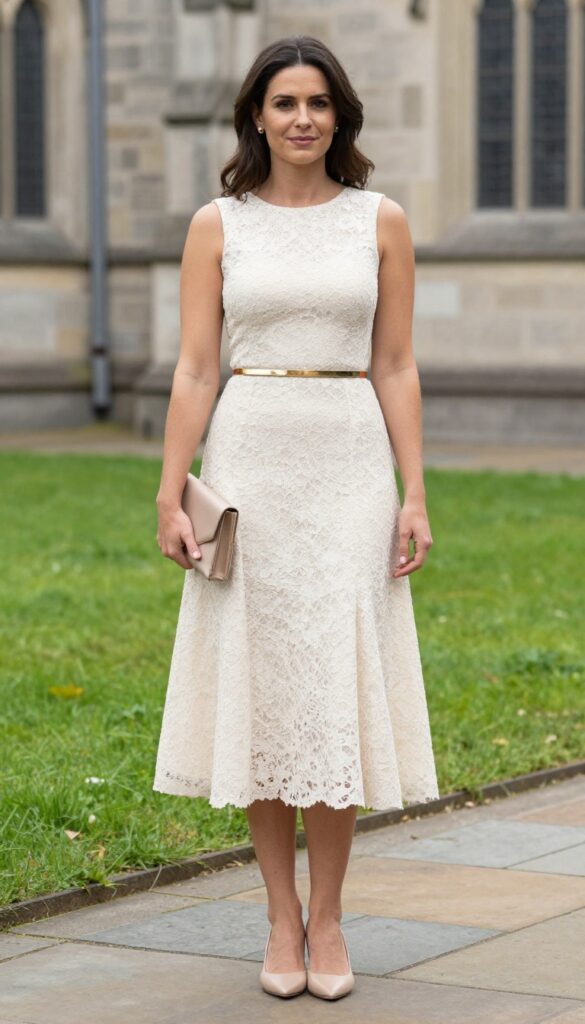 Woman in ivory lace tea-length dress with gold belt and nude pointed flats, holding beige clutch in sunny church courtyard.