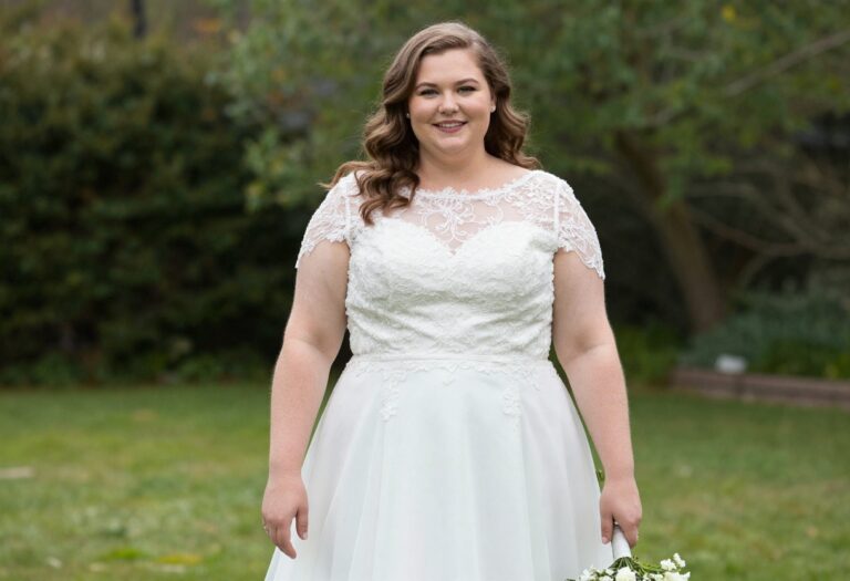 Plus size bride in white wedding dress with three-quarter lace sleeves, holding bouquet in garden