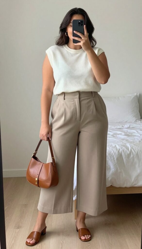 Woman in wide-leg shorts and cropped sweater with mules and saddlebag, standing by a mirror.