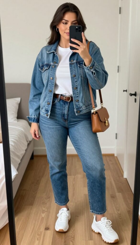Plus-size woman in light-wash denim jacket and high-waisted jeans with white sneakers, taking a mirror selfie in a bright room.