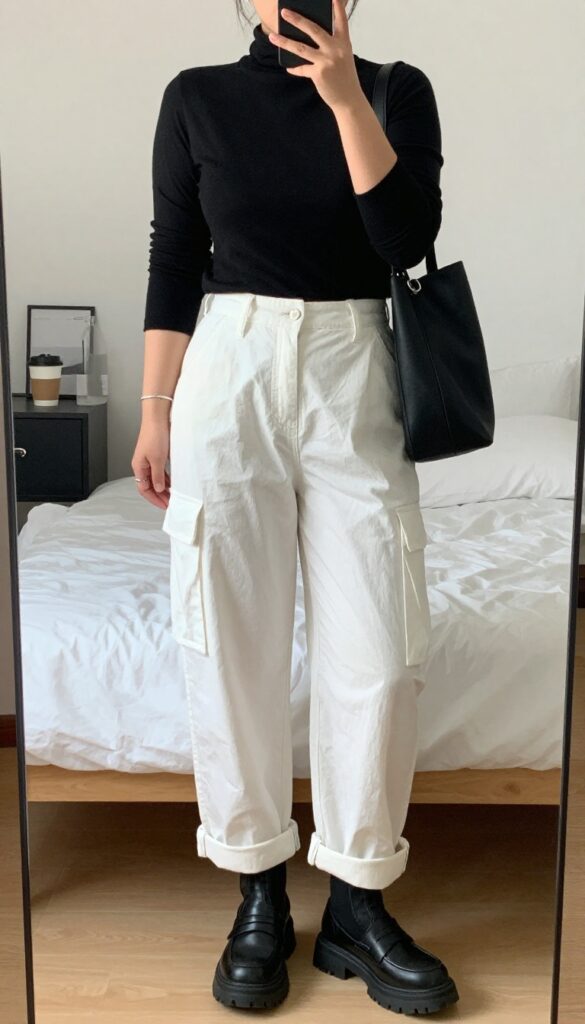 A woman in white cargo pants and a fitted black turtleneck, wearing chunky loafers and carrying a crossbody bag, posing in a relaxed office setting.