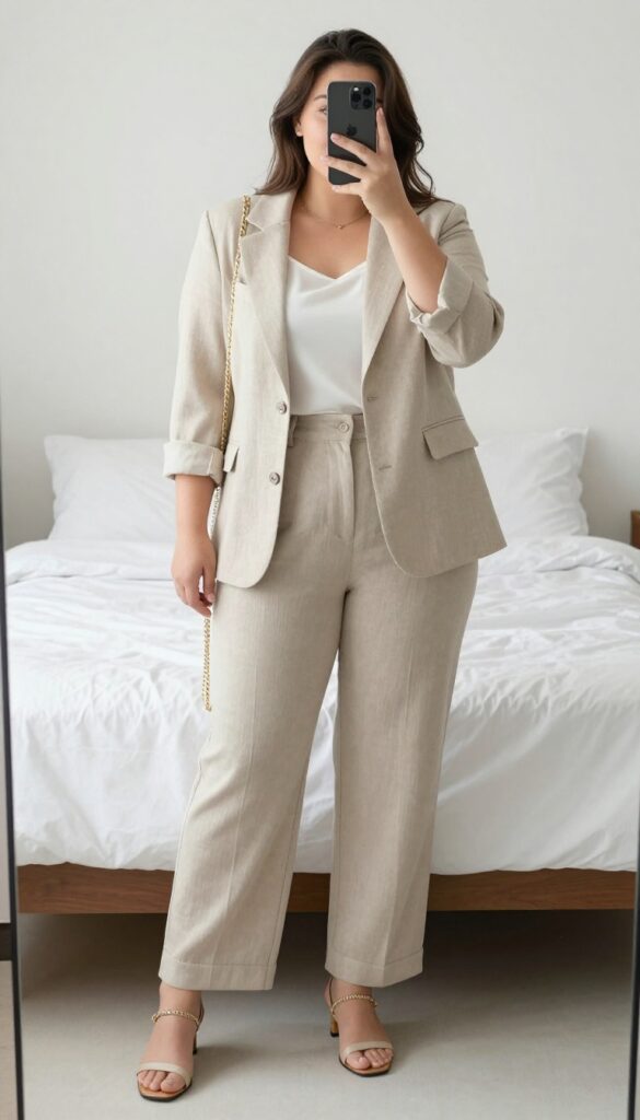 Woman in cropped blazer, high-waisted trousers, and camisole, standing in an office setting.