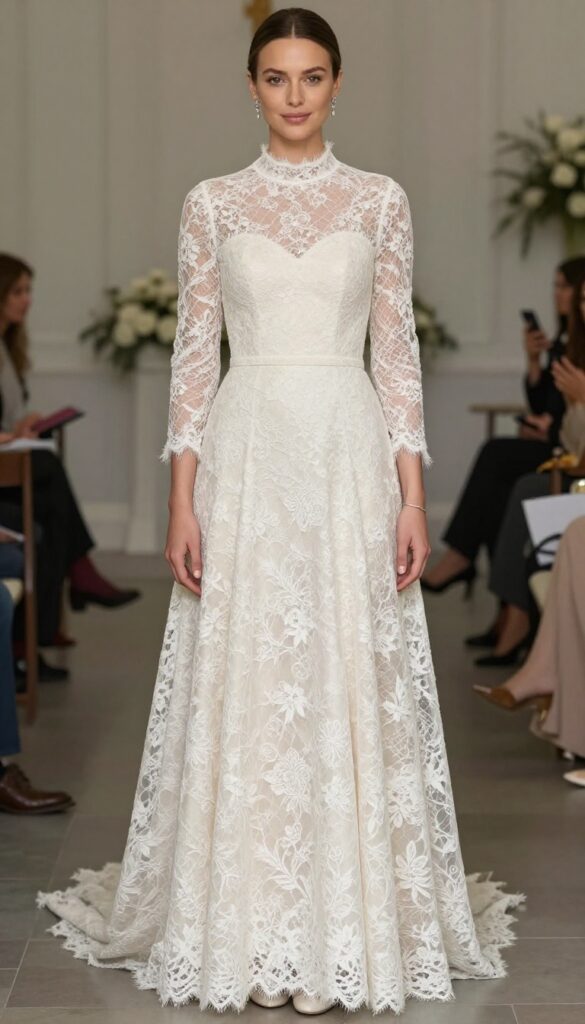 A woman in a high-neck, long-sleeve lace wedding dress with a sleek bun and drop earrings, standing in a chapel aisle with soft natural light.