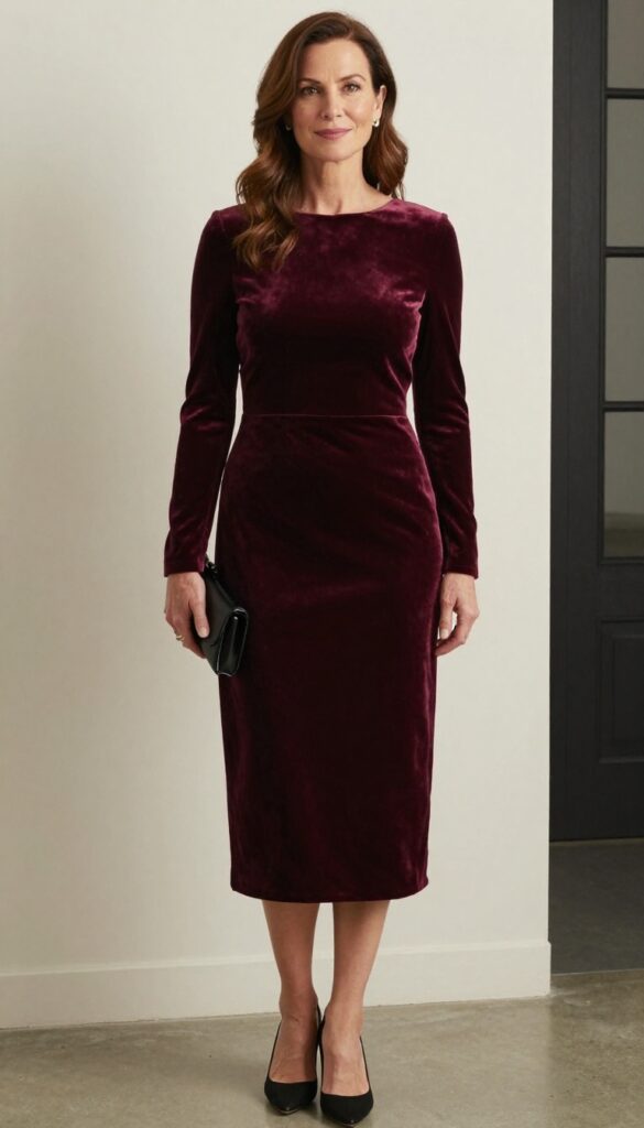 Woman in deep burgundy velvet midi dress with long sleeves, black pumps, and clutch in elegant indoor setting