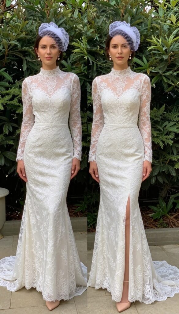 Woman in vintage lace wedding gown with sheer back and slit in garden