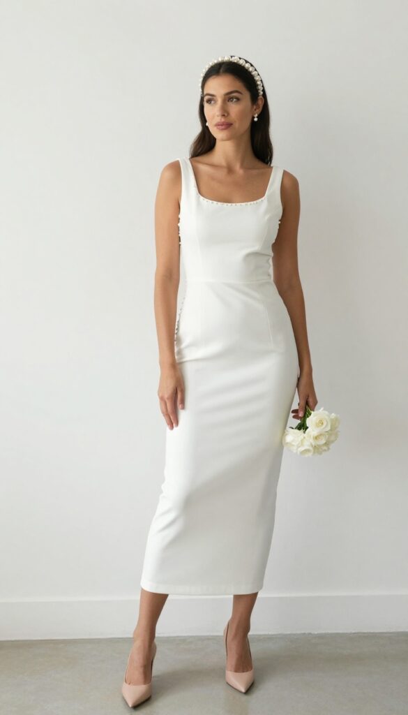Woman in white sheath wedding dress with illusion neckline and pearl details, holding white rose bouquet in chapel