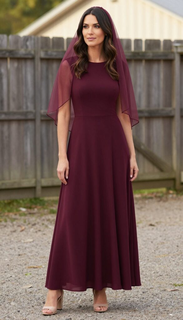 Woman in burgundy high-low hem dress and blusher veil at rustic barn wedding