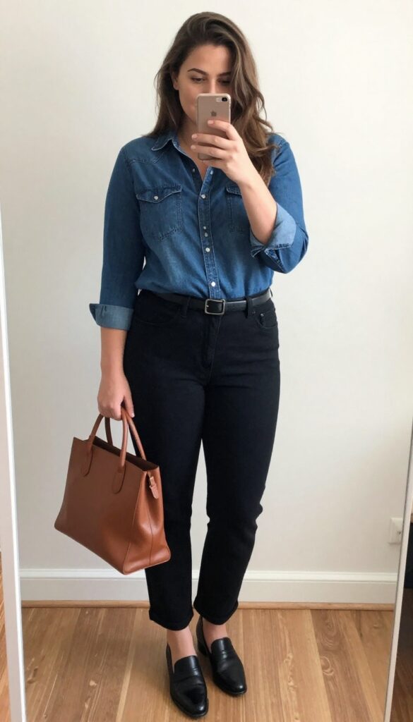 Plus-size woman in denim shirt and black pants outfit, taking a mirror selfie.
