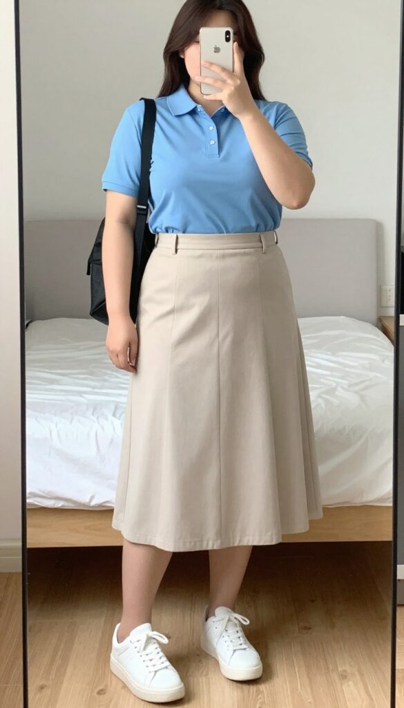Woman wearing a tucked-in bright polo shirt with a pleated midi skirt, white sneakers, and a backpack, posing in a mirror selfie.