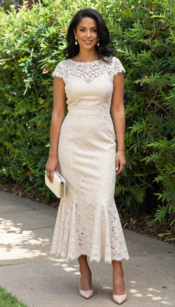 Woman in champagne lace fit-and-flare dress with pearl accessories and nude heels standing in sunlit garden