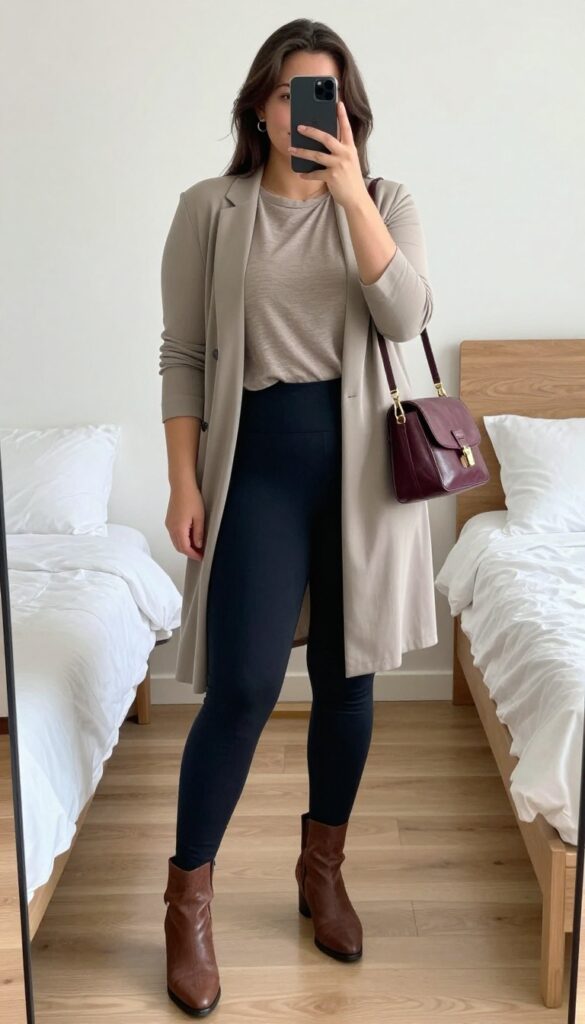 Woman in long tunic, leggings, ankle boots, and blazer, business casual warm weather outfit.
