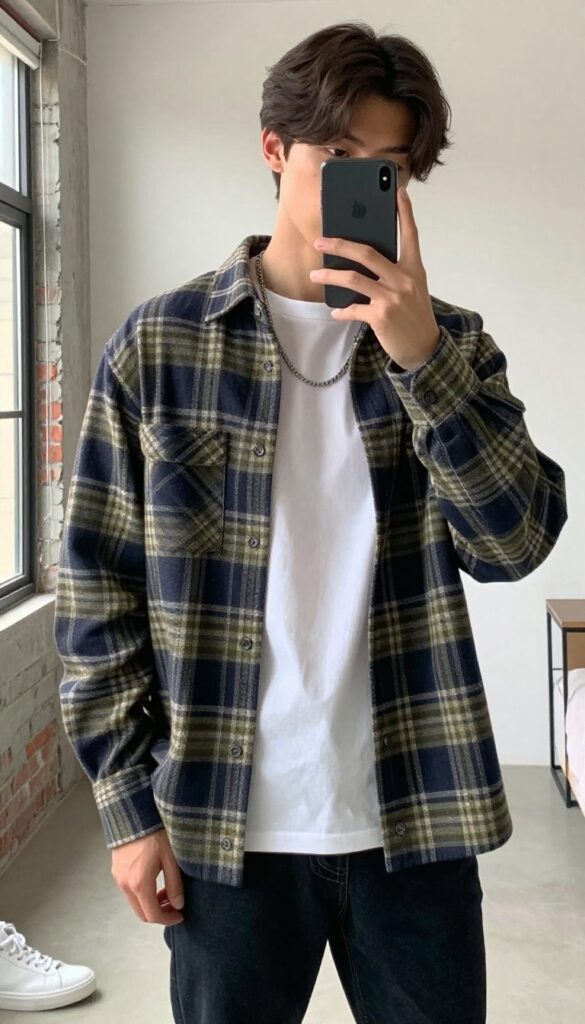 Young man in a plaid flannel over a white tee with jeans and sneakers, taking a mirror selfie in a bright urban apartment.