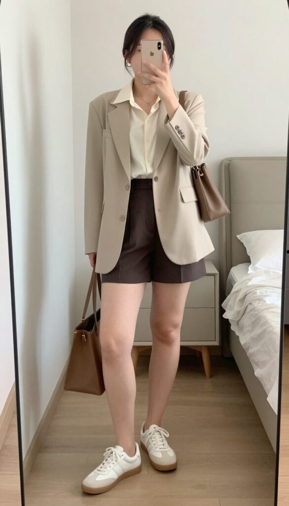 Petite woman in soft blazer, silk blouse, cropped trousers, and white sneakers, posing in a bright office or street setting.
