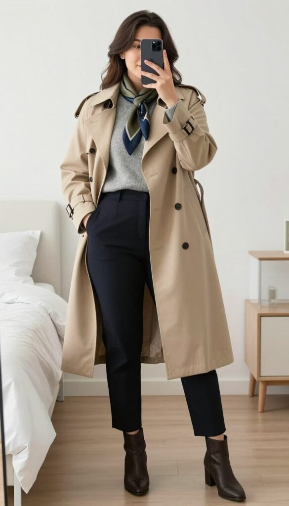 Woman in beige trench coat, cashmere sweater, and cigarette pants