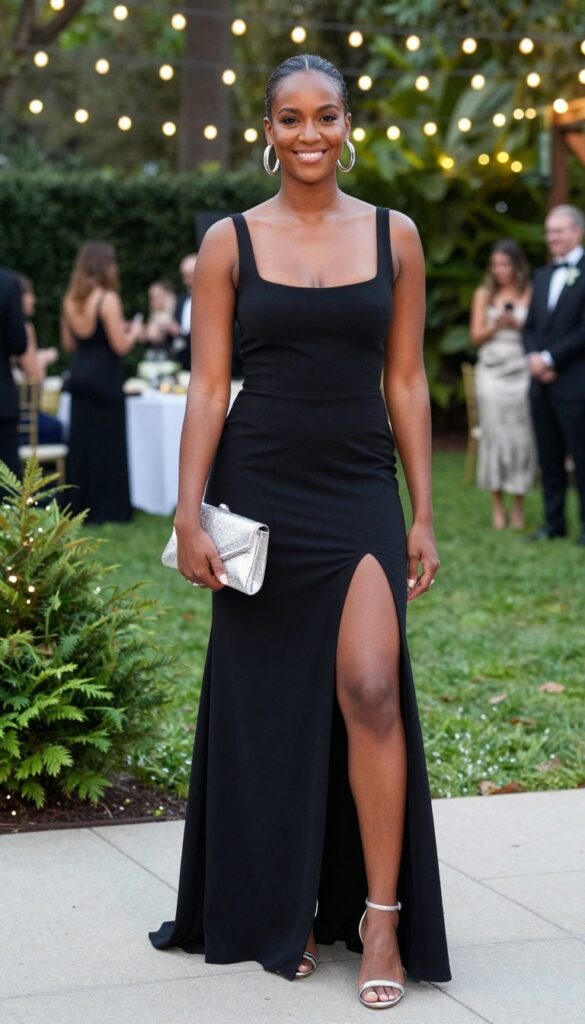 Black woman wearing black high-low hem dress with silver jewelry and clutch at evening wedding reception
