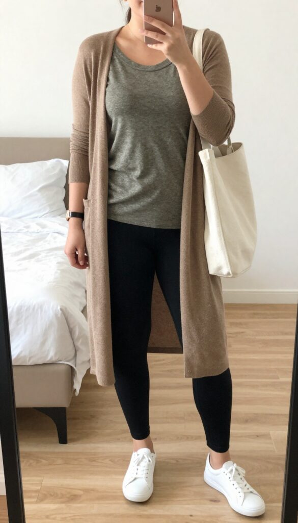 Petite woman in tunic top, leggings, and long cardigan with slip-on sneakers and tote bag, posing for travel outfit.