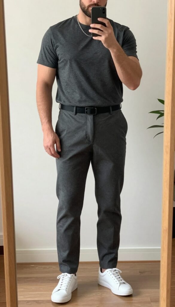 Plus-size man in a monochrome gray outfit taking a mirror selfie, wearing a dark gray t-shirt, lighter gray overshirt, matching gray pants, and white sneakers.