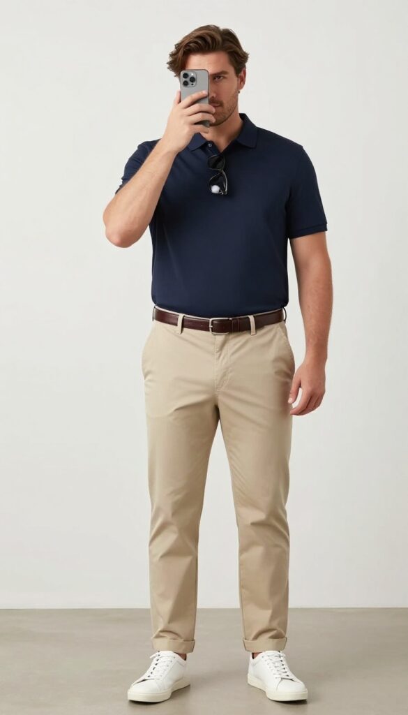 Plus-size man in navy polo and beige tailored chinos with white sneakers, taking a mirror selfie in bright daylight, smart-casual outfit.