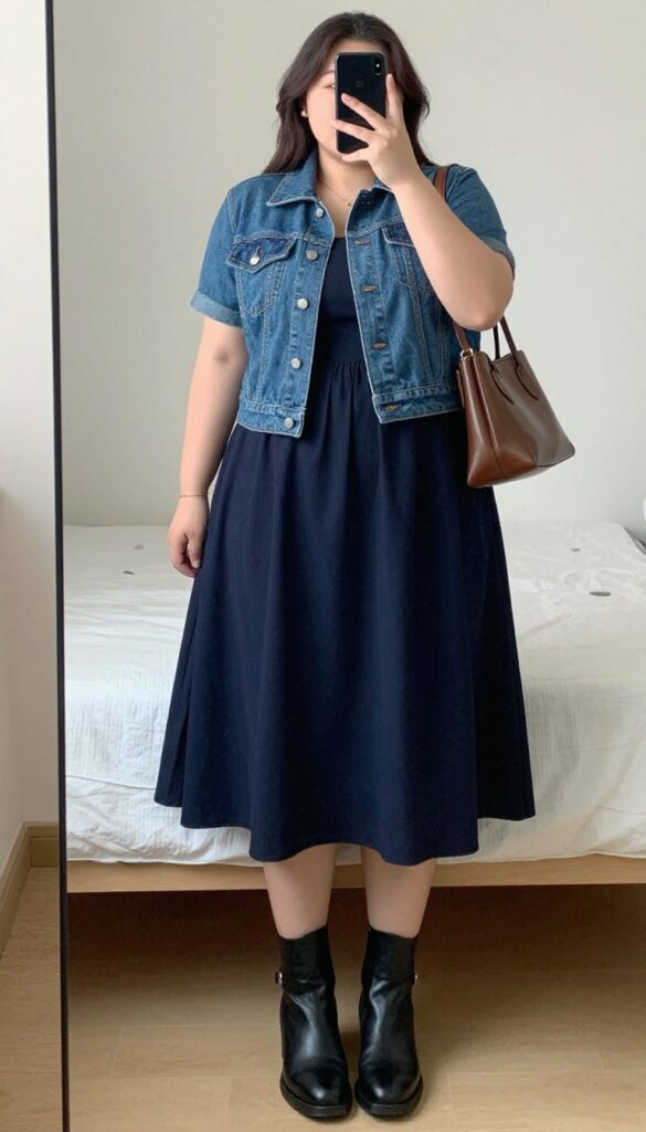 Woman in denim jacket and navy midi dress with ankle boots, standing in a bright office hallway