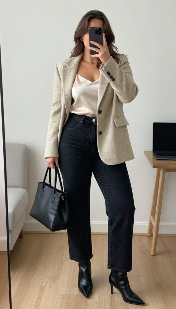 A woman in a tweed knit blazer and wide-leg jeans, posing in a mirror selfie, partially hiding her face with a phone.