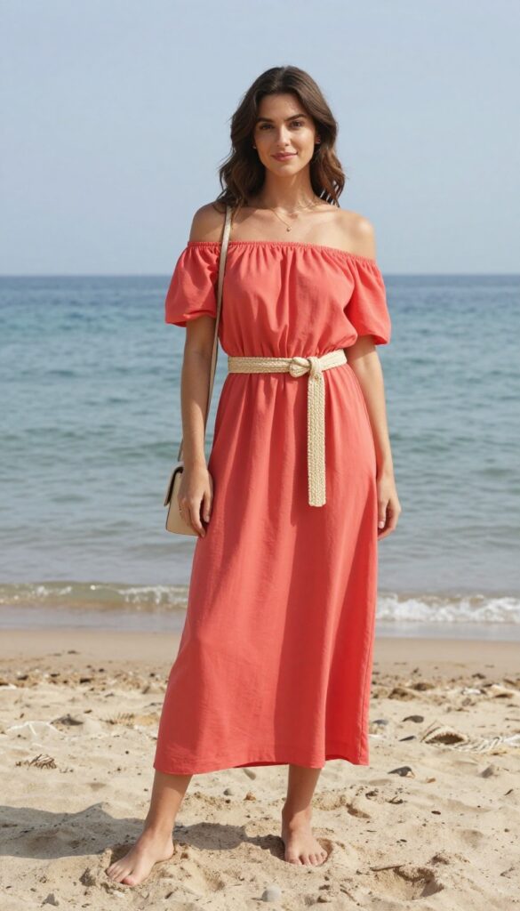 Woman in coral off-shoulder maxi dress with woven belt on beach, wedding guest outfit