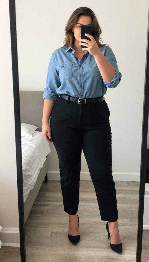 Woman in chambray shirt and black trousers with heels