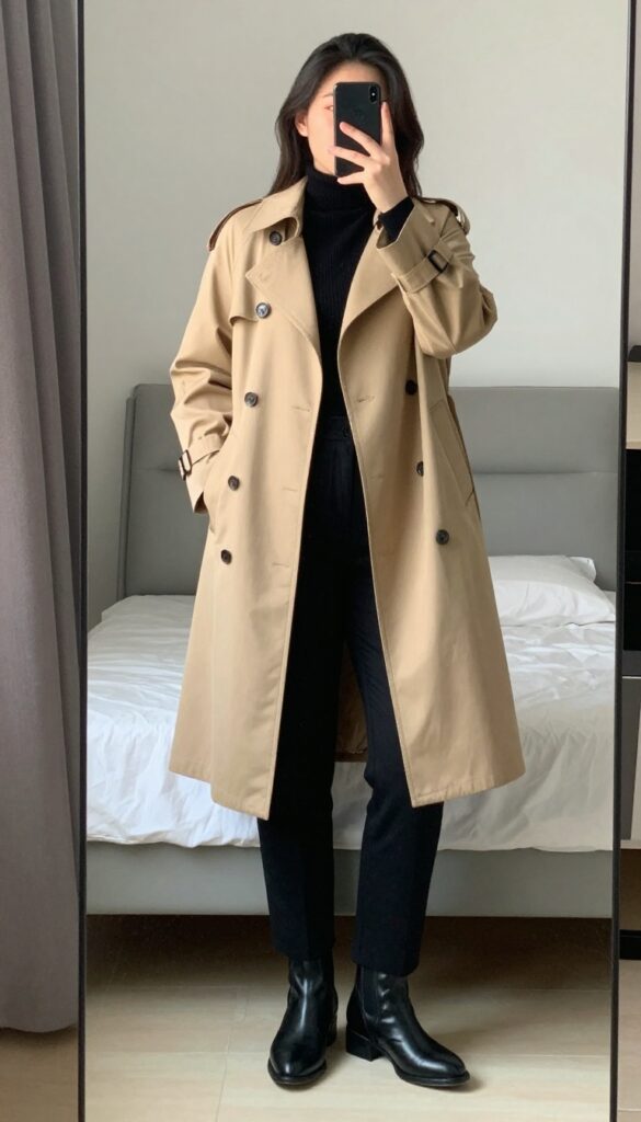 Woman in tan trench coat over all-black outfit with red lipstick, standing in mirror selfie pose.