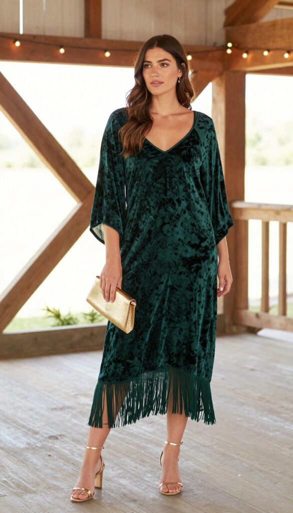 Adult woman in her 30s with long wavy brown hair, wearing a deep emerald green velvet slip dress and a long fringed kimono with a subtle floral print. She stands in a rustic barn with wooden beams and string lights, wearing strappy gold metallic heels and holding a small gold clutch. Natural lighting, soft focus, realistic proportions, casual pose looking slightly to the side.
