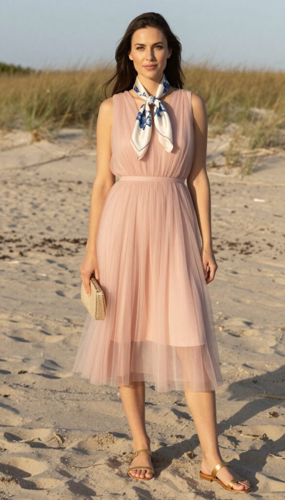 Woman in blush tulle dress with silk scarf, gold sandals, and woven clutch on beach