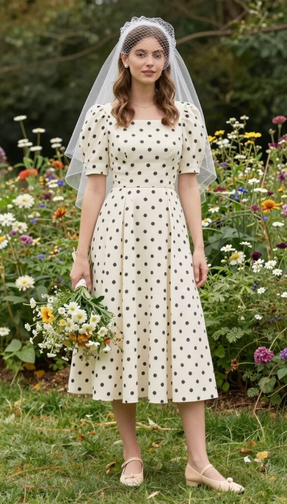 Woman in tea-length polka dot dress with birdcage veil and wildflower bouquet in sunny garden