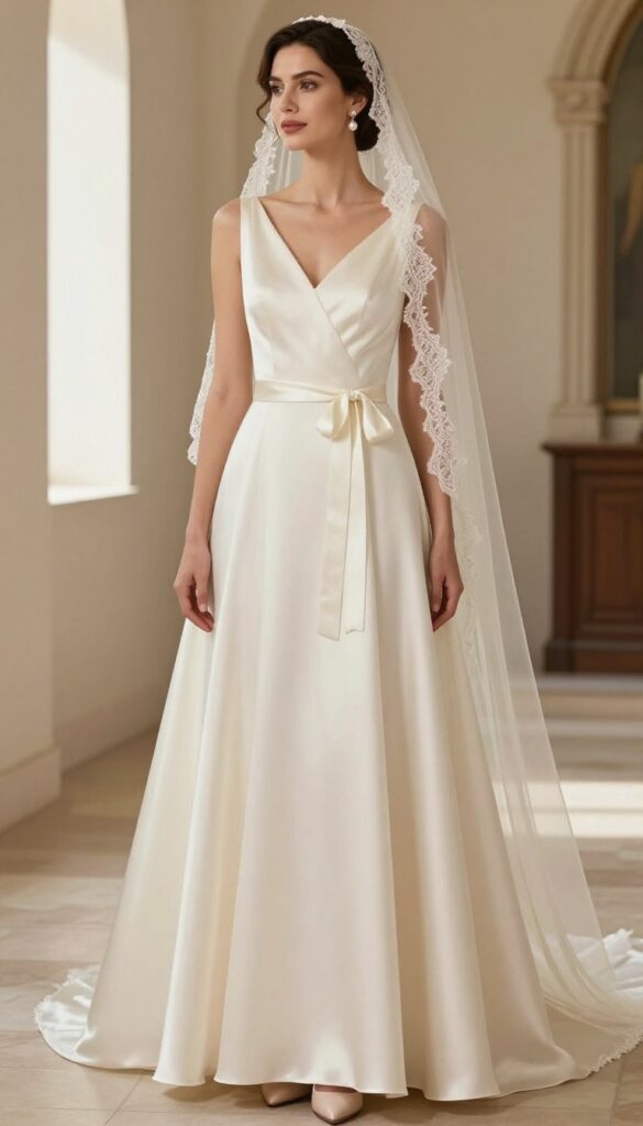 Bride in airy satin A-line wedding dress with cathedral veil and pearl drop earrings, standing in a church with natural lighting.