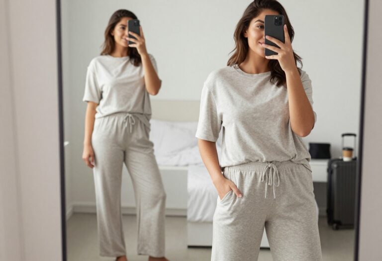 Plus-size woman in a relaxed matching lounge set taking a mirror selfie in a bright hotel room, showcasing comfortable yet stylish travel outfit.