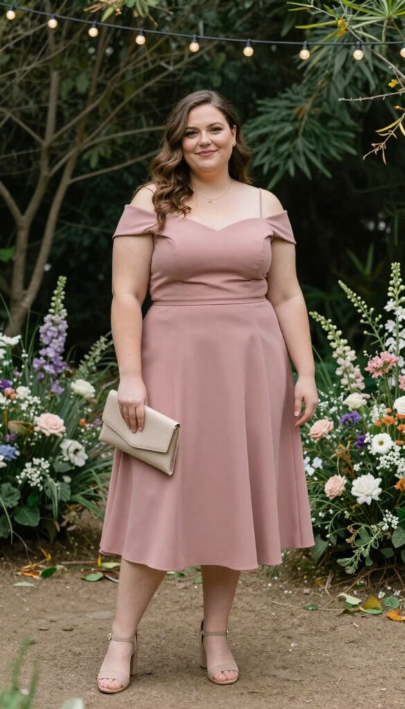 Plus size woman in dusty rose off-shoulder midi dress with block heels at garden wedding