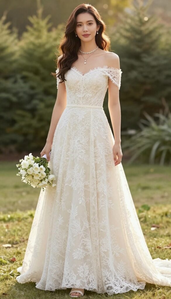 Bride in off-shoulder lace wedding dress with rhinestone choker and layered necklaces in garden at golden hour