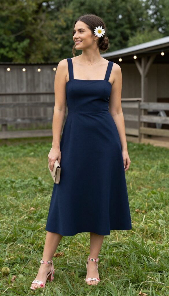 Woman in navy tea-length dress with floral heels and daisy in hair at barn wedding.