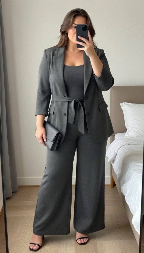 Plus-size woman in longline blazer and wide-leg jumpsuit with heeled sandals and clutch, looking polished for business casual.
