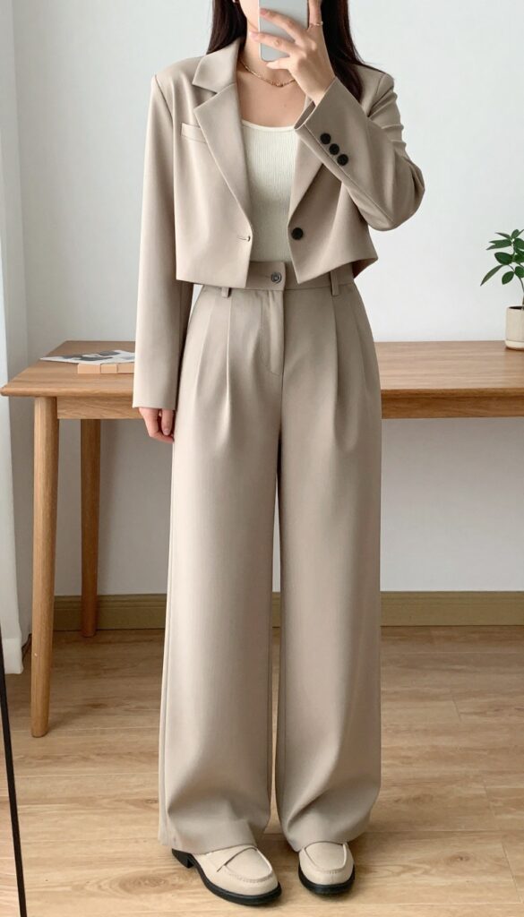 Petite woman wearing cropped blazer, high-waist wide-leg pants, and knit top, with minimal jewelry and loafers, in a professional setting.