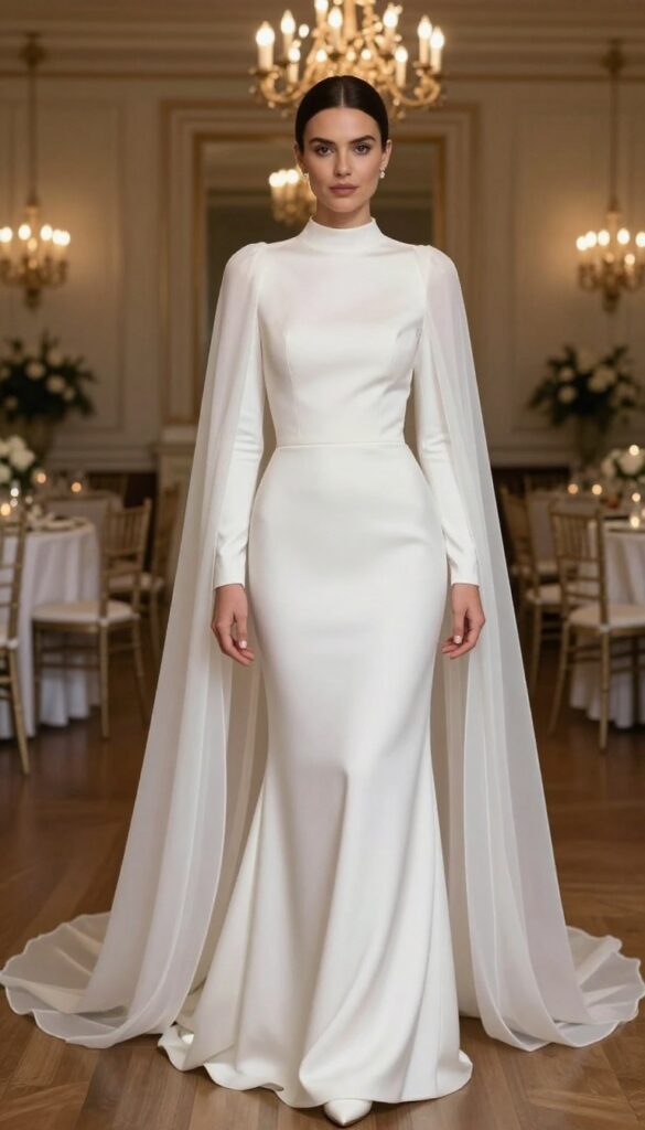 Woman in high-neck white satin wedding dress with long sleeves and chiffon cape veil, sleek low bun, minimal jewelry, standing in elegant ballroom with chandeliers and candlelight.