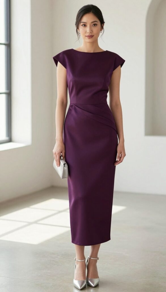 Modern satin fit-and-flare purple wedding dress with structured cape, silver heels, metallic clutch, minimal jewelry, sleek low bun, in a modern ballroom