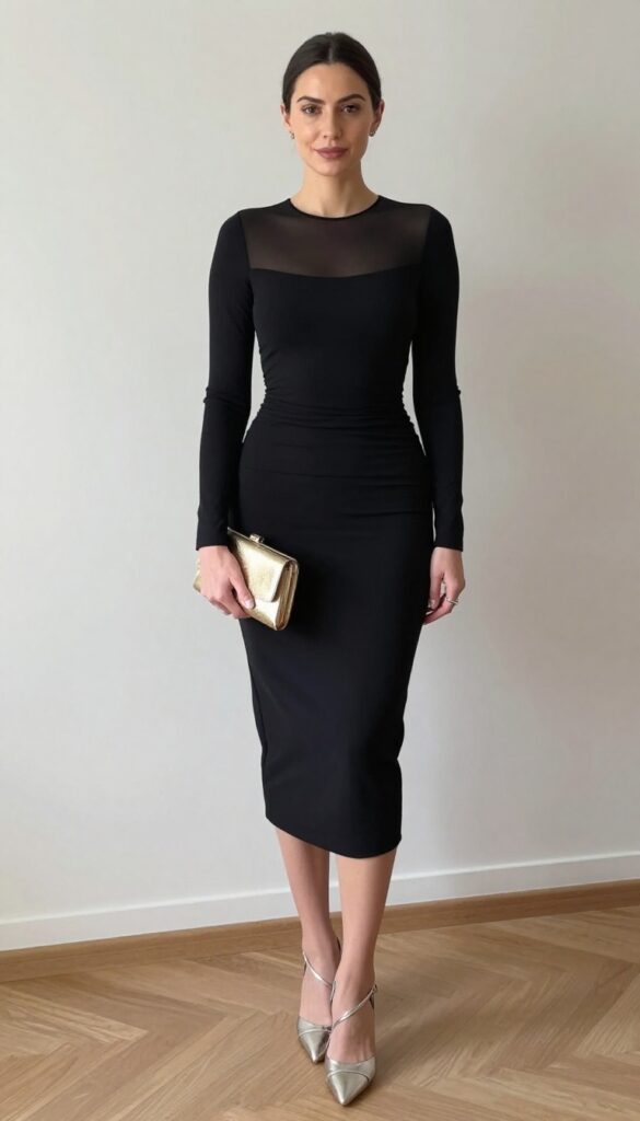Woman in black bodycon midi dress with sheer illusion neckline, holding gold clutch, wearing silver strappy heels at evening wedding reception.